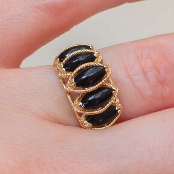 14K Gold 5-Stone Black Coral Ring – Marquise Cabochons, Size 5¼ - Picture 12 of 16
